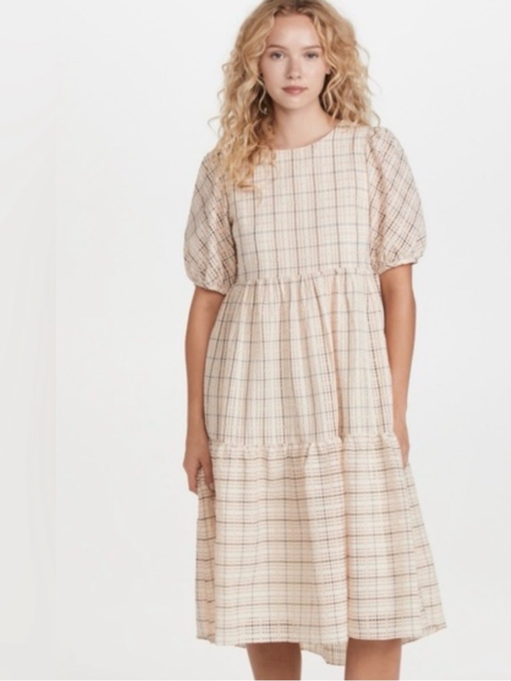 English Factory Cream Plaid Midi Dress | Large